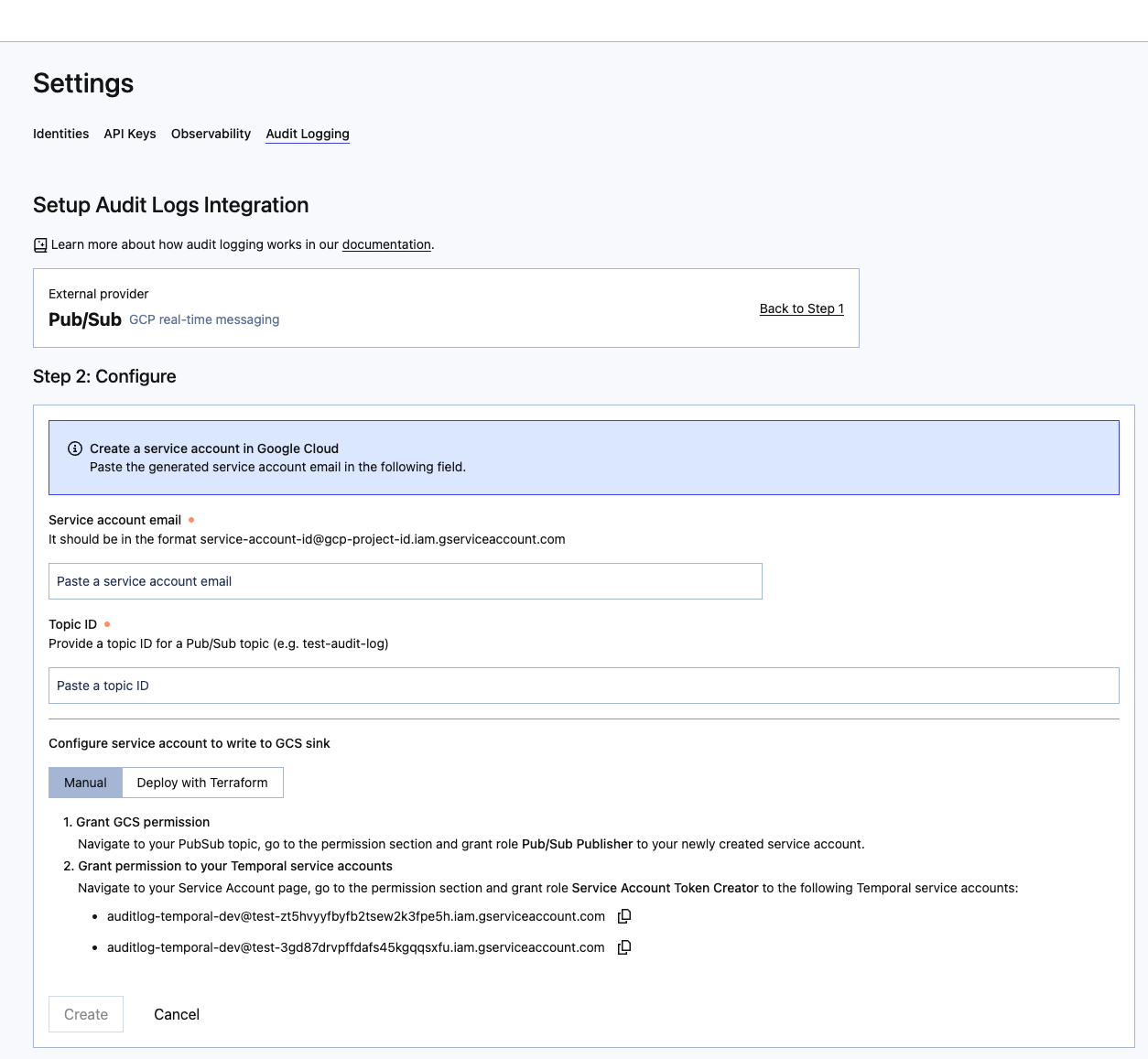 Temporal Cloud UI Setup for Audit Logging with GCP Pub/Sub